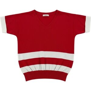 Unbranded V-Neck Top Red White Striped Short Sleeve Retro Sporty Ribbed Hem